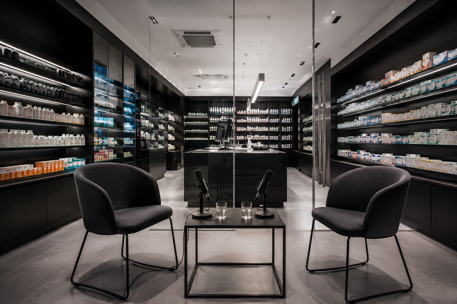 Studio-Setting: Apotheken-Backroom mit Talk-Setup, zwei Mikrofonen und Regalen voller Präparate